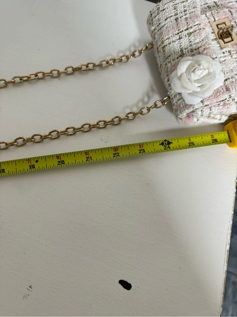 Pink Tweed Mini Crossbody Bag Gold Chain Camellia Flower Turn Lock Purse